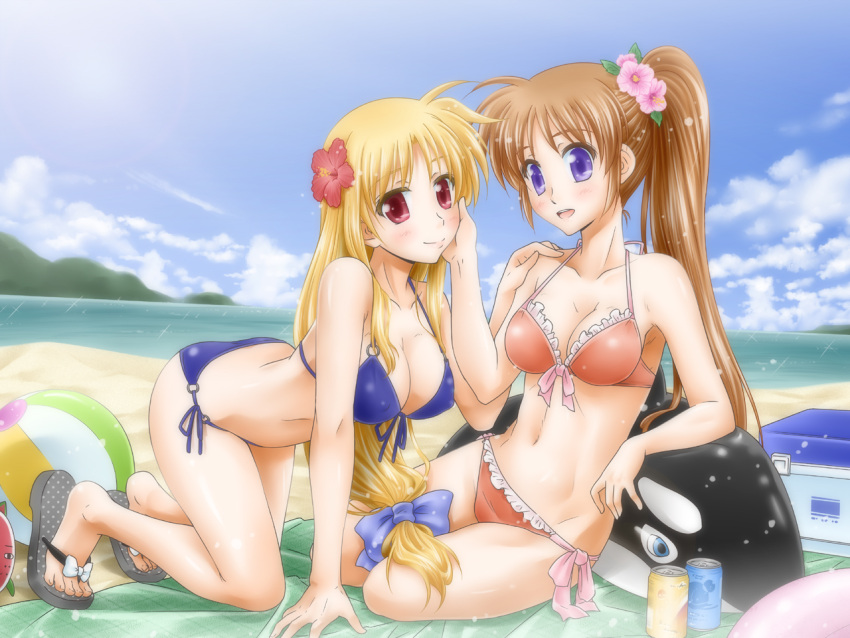 2girls all_fours bare_shoulders beach bikini blonde_hair blue_bikini blue_eyes bow breasts brown_hair commentary_request day fate_testarossa feet flower front-tie_top hair_flower hair_ornament hairbow hibiscus large_breasts long_hair looking_at_viewer lyrical_nanoha mahou_shoujo_lyrical_nanoha mahou_shoujo_lyrical_nanoha_strikers multiple_girls ocean orange_bikini photoshop_(medium) red_eyes shinozuki_takumi side-tie_bikini_bottom side_ponytail swimsuit takamachi_nanoha very_long_hair