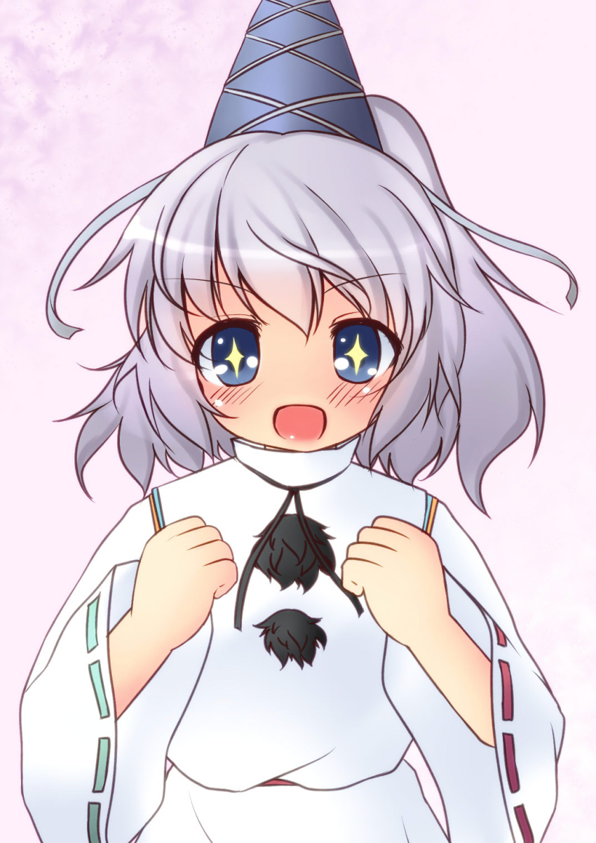 blush commentary_request female grey_hair hat highres japanese_clothes kariginu long_hair long_sleeves looking_at_viewer mellpon mononobe_no_futo open_mouth ponytail smile solo symbol-shaped_pupils tate_eboshi touhou wide_sleeves