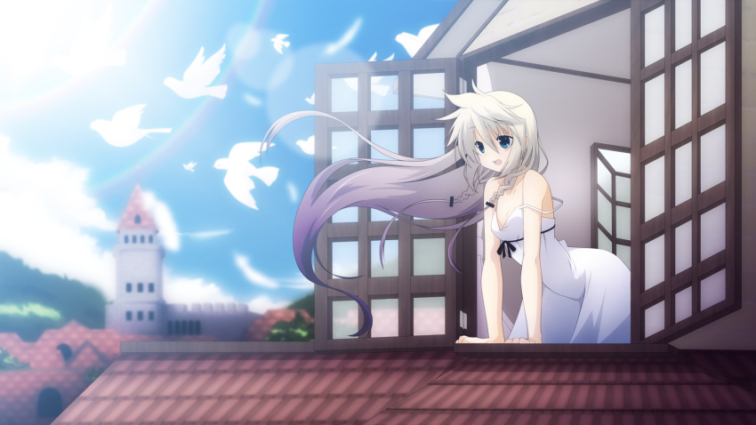 aqua_eyes bare_shoulders bird braid cloud commentary_request day dress female flock gradient_hair grey_hair highres ia_(vocaloid) leaning leaning_forward leaning_out_of_window lens_flare long_hair multicolored_hair open_mouth outdoors pink_hair rainbow rooftop sky sleeveless sleeveless_dress smile solo strap_slip twin_braids very_long_hair vocaloid white_dress wind window windowsill yuzuki_kei