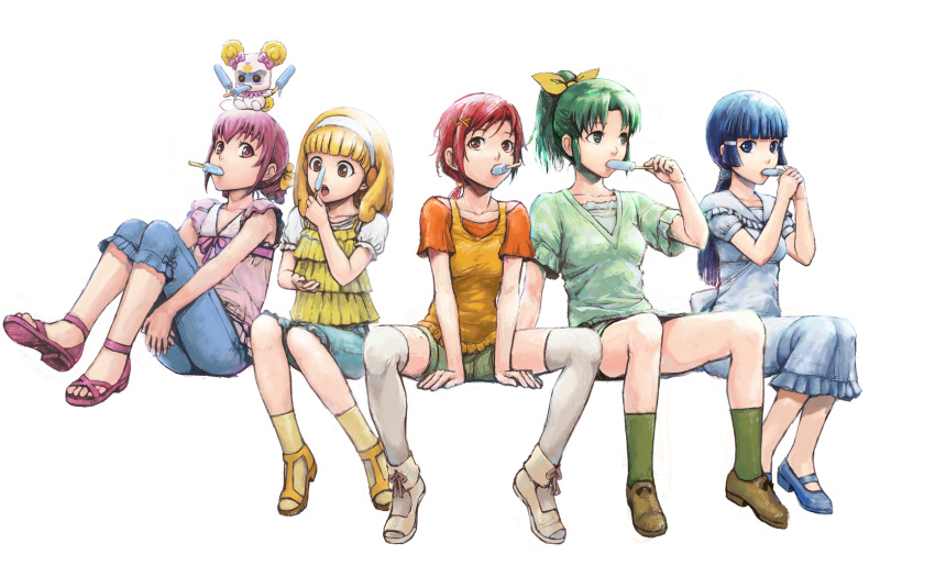 5girls aoki_reika blonde_hair blue_eyes breasts candy_(smile_precure!) casual commentary_request elenab green_hair green_shirt hairband highres hino_akane_(smile_precure!) hoshizora_miyuki long_hair midorikawa_nao multiple_girls open_mouth orange_shirt pink_eyes pink_hair precure shirt short_hair shorts sitting small_breasts smile_precure white_hairband yayoi_kise yellow_eyes