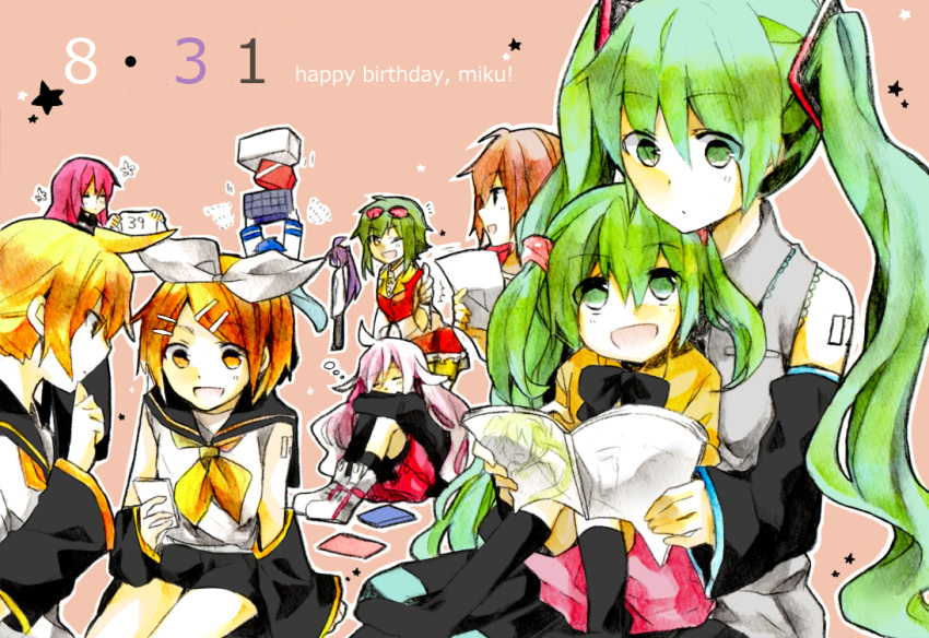 39 3boys 6+girls aged_down bad_id bad_pixiv_id blonde_hair blue_hair book brown_hair character_name closed_eyes dated detached_sleeves gift goggles goggles_on_head green_eyes green_hair gumi hair_ornament hair_ribbon hairclip happy_birthday hatsune_miku ia_(vocaloid) kagamine_len kagamine_rin kaito_(vocaloid) kamui_gakupo long_hair megurine_luka meiko_(vocaloid) multiple_boys multiple_girls one_eye_closed open_mouth pink_background pink_hair purple_hair ribbon shima_(pikathu-love) short_hair sitting sitting_on_lap sitting_on_person socks twintails very_long_hair vocaloid yellow_eyes