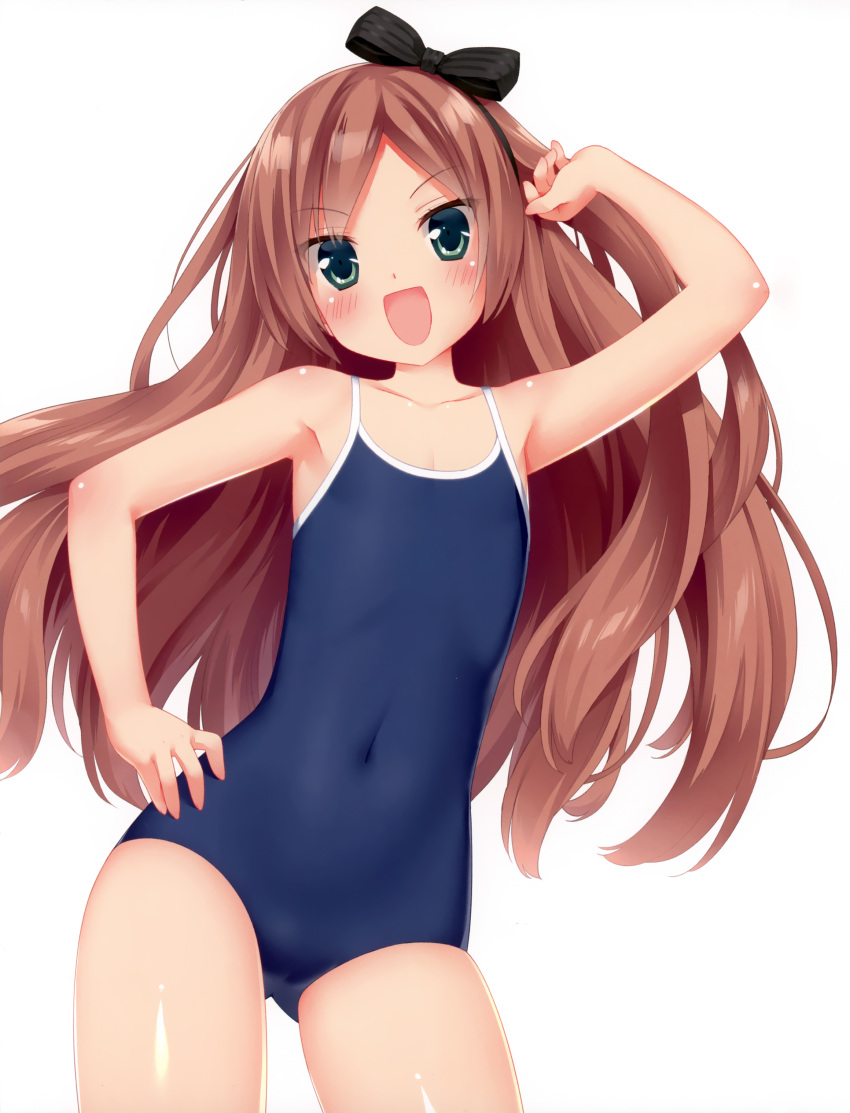 :d absurdres arm_up bare_shoulders blue_one-piece_swimsuit bow brown_hair competition_school_swimsuit covered_navel female flat_chest green_eyes hairband hairbow hand_on_own_hip highres kani_biimu long_hair minazuki_sarami one-piece_swimsuit open_mouth original photoshop_(medium) scan school_swimsuit shiny_skin smile solo swimsuit