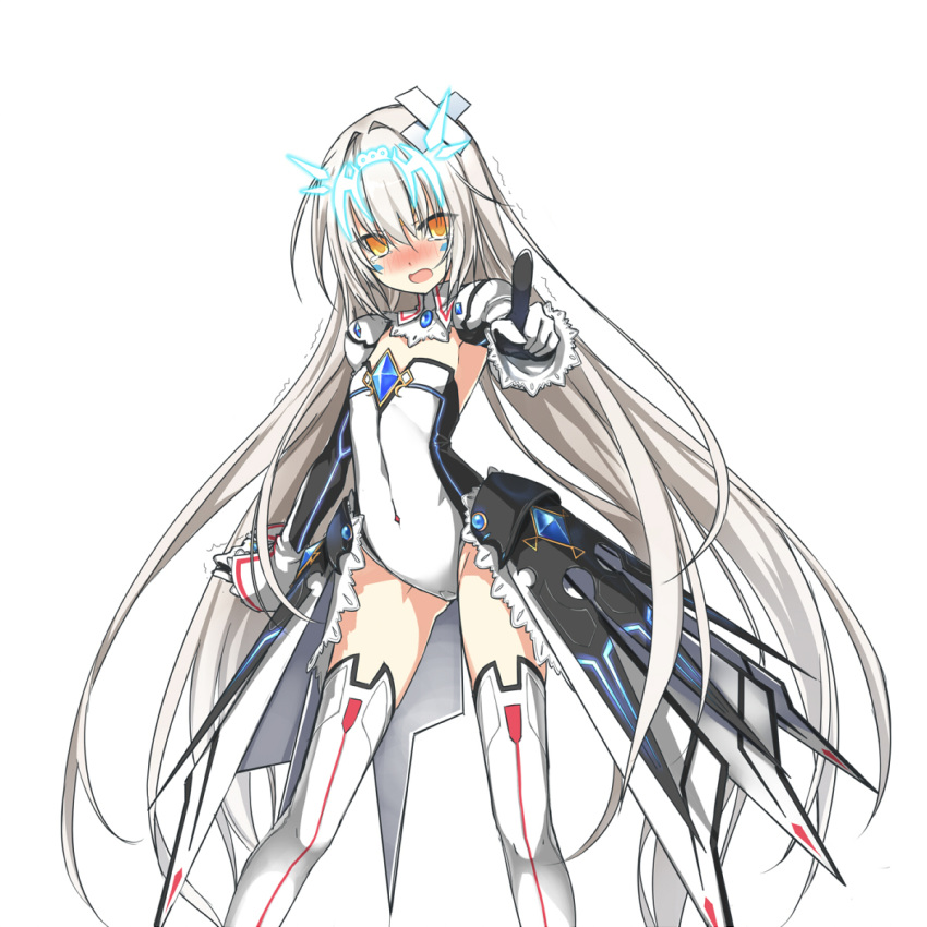 :o angry armor armpits ass_visible_through_thighs bandaged_head bandages blush clenched_hand code:_battle_seraph_(elsword) commentary_request detached_collar detached_sleeves elsword eve_(elsword) facial_mark faulds female flat_chest foreshortening gem gloves glowing groin hair_between_eyes hair_intakes highres hika_(cross-angel) lace legs_apart leotard long_hair low_twintails motion_lines nose_blush open_mouth outstretched_arm pointing pointing_at_viewer sleeves_past_wrists solo standing tears thighhighs trembling twintails v-shaped_eyebrows very_long_hair white_hair white_thighhighs yellow_eyes