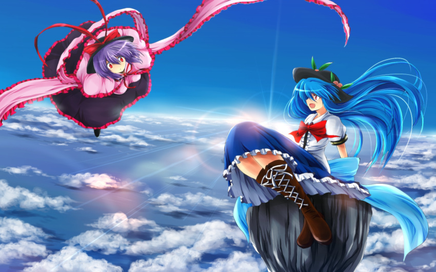 2girls blue_hair bow capelet cloud commentary_request cross-laced_footwear food fruit hat hat_bow highres hinanawi_tenshi leaf long_hair multiple_girls nagae_iku nekominase open_mouth peach puffy_sleeves purple_hair red_eyes rock shawl short_hair short_sleeves sitting sky sun touhou