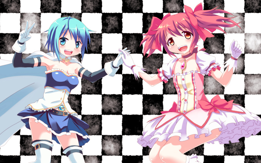 :d armpits bad_id bad_pixiv_id banned_artist blue_eyes blue_hair bow bubble_skirt cape checkered checkered_background gloves gonzaburou hairbow highres holding_hands kaname_madoka magical_girl mahou_shoujo_madoka_magica miki_sayaka multiple_girls open_mouth pink_eyes pink_hair short_hair short_twintails skirt smile soul_gem thighhighs twintails v zettai_ryouiki