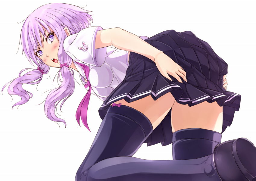 commentary_request female hair_ribbon highres kazeno purple_eyes purple_hair ribbon short_hair_with_long_locks sidelocks skirt solo thighhighs tress_ribbon vocaloid voiceroid yuzuki_yukari