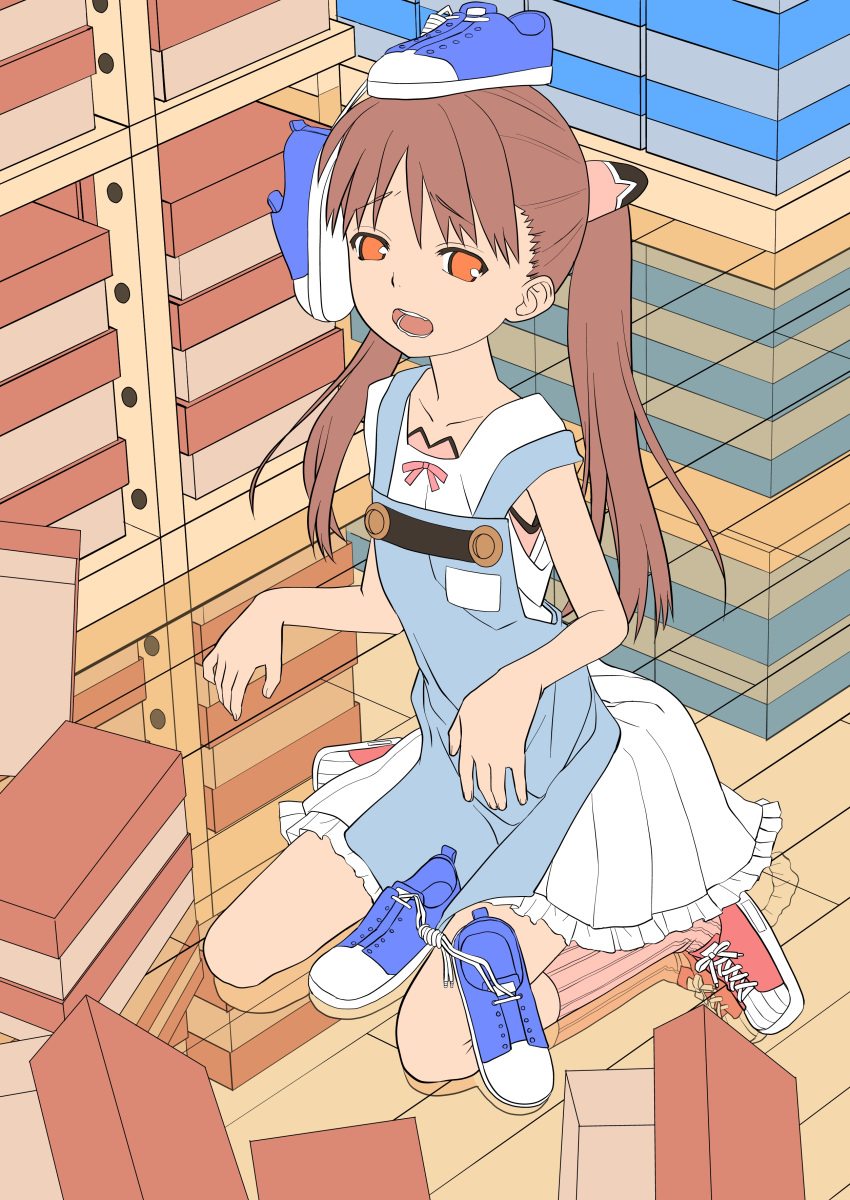 absurdres apron brown_eyes brown_hair dress female flat_color footwear_on_head highres long_hair object_on_head okina_ika open_mouth original reflection shoe_box shoes sitting sleeveless solo source_request twintails wariza