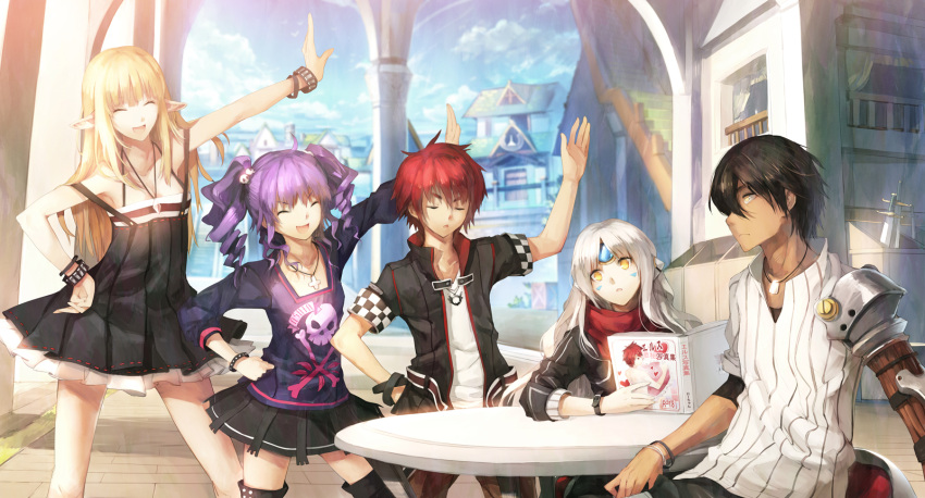 2boys 3girls aisha_landar black_hair blonde_hair bracelet casual closed_eyes commentary_request elsword elsword_(character) eve_(elsword) expressionless highres jacket jewelry long_hair multiple_boys multiple_girls photoshop_(medium) purple_hair raven_cronwell red_hair rena_erindel scorpion5050 skirt smile white_hair yellow_eyes