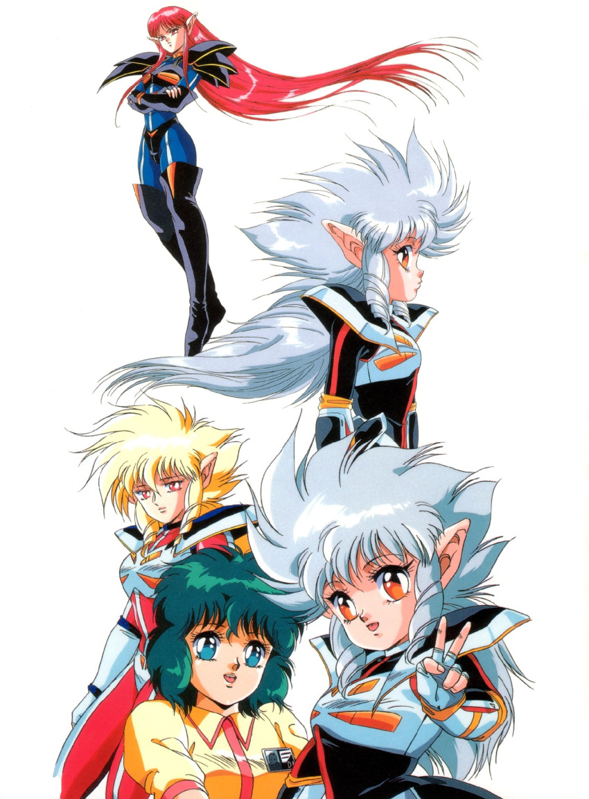 1980s_(style) 5girls armor black_armor blonde_hair blue_bodysuit bodysuit brown_eyes crossed_arms drill_hair drill_sidelocks green_eyes green_hair highres hirano_toshihiro iczer-1 iczer-2 iczer-3 iczer_(series) iczer_densetsu kanou_nagisa long_hair multiple_girls official_art pointy_ears red_eyes red_hair retro_artstyle scan short_hair sidelocks smile tatakae!!_iczer-1 v white_background white_hair