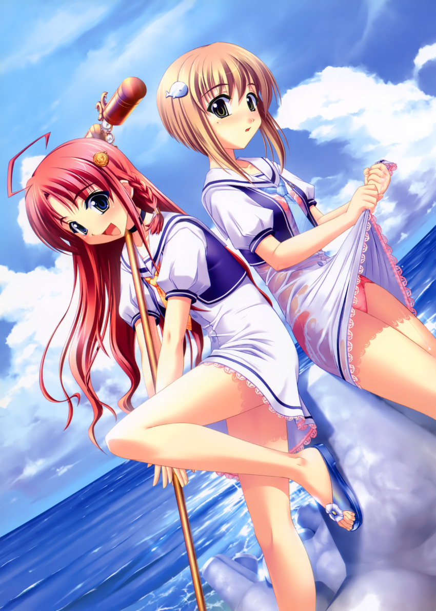 2girls :d absurdres asanagi_mio asanagi_no_aquanauts bird blue_eyes brown_hair dutch_angle green_eyes highres mallet multiple_girls open_mouth panties pink_hair pink_panties sandals seagull smile takanashi_miyuki underwear wet wet_clothes wringing_clothes