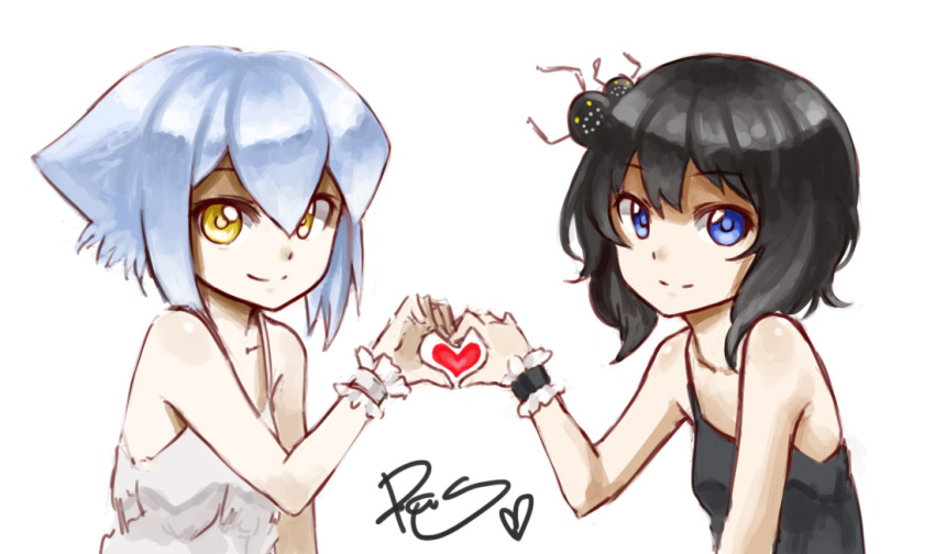 2girls bad_id bare_shoulders black_dress black_hair blue_eyes camisole creature dress flat_chest heart heart_hands heart_hands_duo looking_at_viewer multiple_girls original pas_(paxiti) photoshop_(medium) pilo short_hair signature simple_background smile spaghetti_strap upper_body white_background white_dress white_hair wrist_cuffs yami_shoujo yellow_eyes