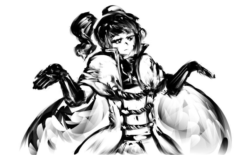 alchemybro anya_alstreim bad_link cape code_geass elbow_gloves female gloves greyscale monochrome shrugging solo twintails