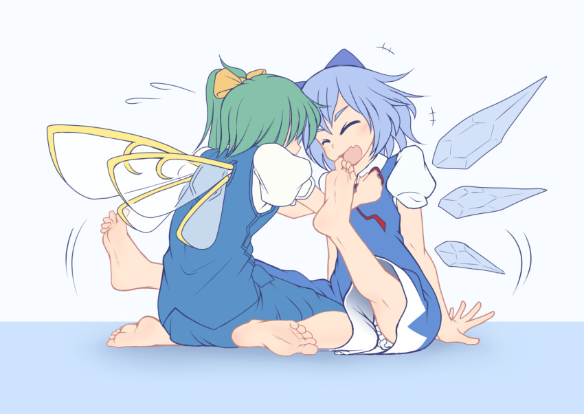 +++ 2girls barefoot bloomers blue_hair bow cirno closed_eyes commentary_request daiyousei fairy_wings feet green_hair hairbow iromeki_overdrive multiple_girls oerba_yun_fang open_mouth side_ponytail sitting smile soles toes touhou underwear wariza wings