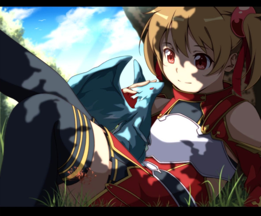 animal armor bad_id bad_pixiv_id black_thighhighs breastplate brown_hair female grass letterboxed pina_(sao) red_eyes short_twintails silica sitting smile solo sword_art_online thighhighs twintails yuihara