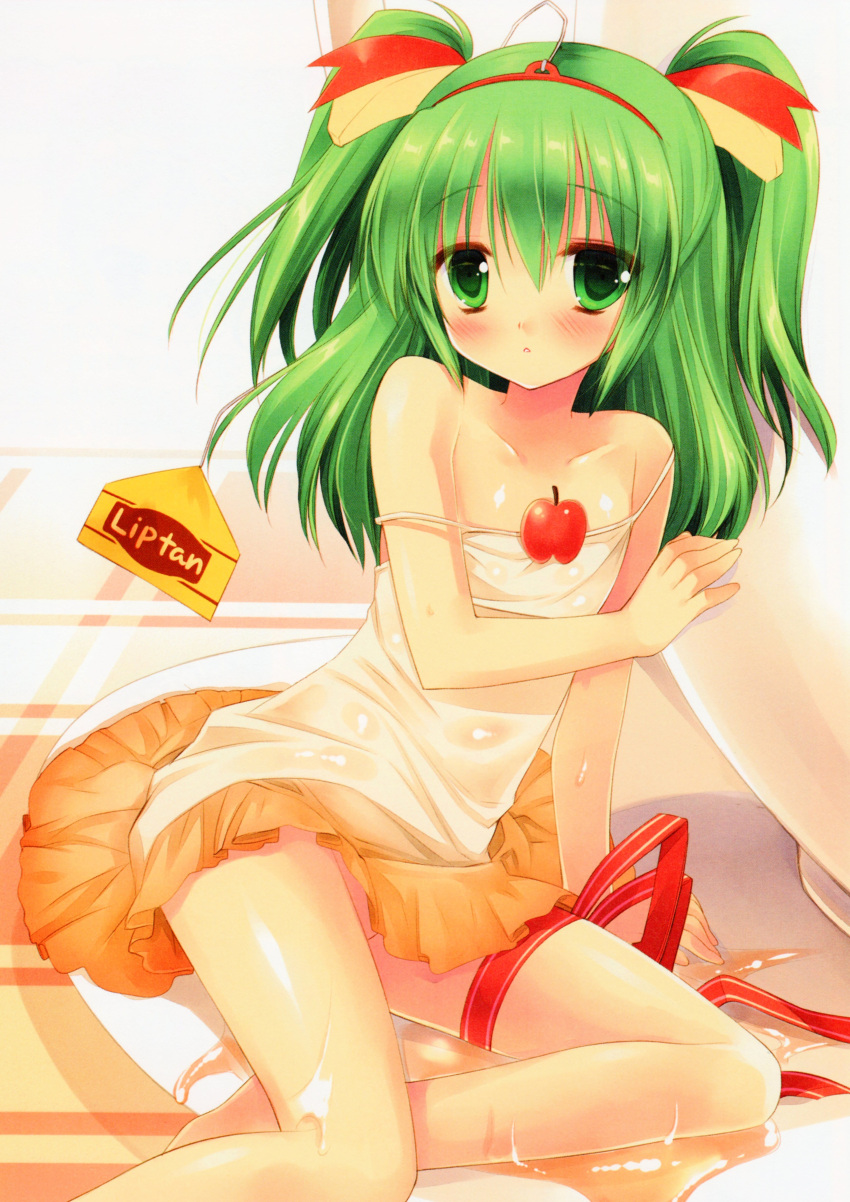 :< absurdres bare_shoulders blush cup dengeki_moeou dress fairy female green_eyes green_hair highres leg_ribbon liptan looking_at_viewer mini_person minigirl miyasu_risa no_panties original parted_lips product_girl ribbon saucer scan see-through sitting solo strap_slip tea tea_fairy thigh_ribbon thighhighs two_side_up wet wet_clothes yokozuwari