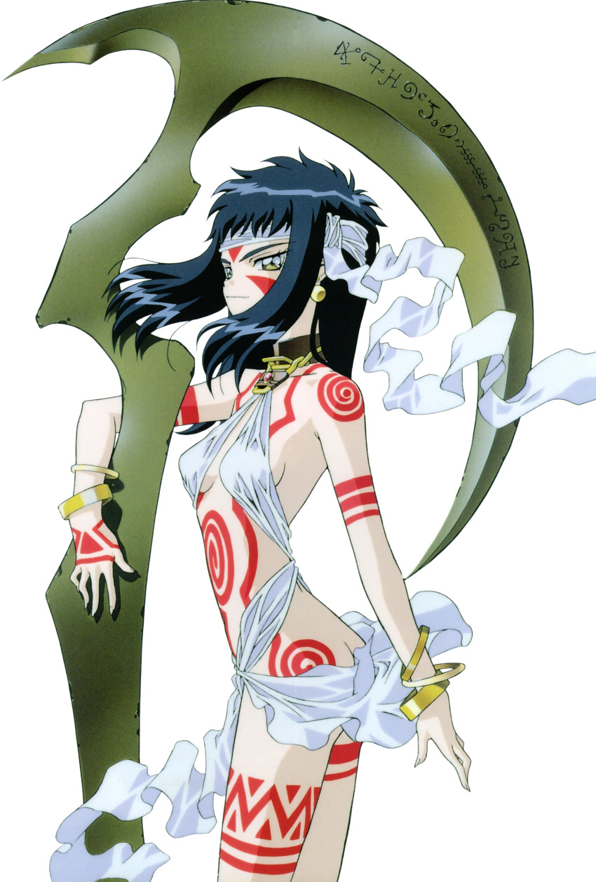 1990s_(style) absurdres artist_request ass blue_hair bodypaint bracelet choker earrings female headband highres holding holding_scythe holding_weapon ikeda_yuuji jewelry long_hair neo_ranga official_art photoshop_(medium) retro_artstyle scan scythe shimabara_yuuhi simple_background solo tribal weapon white_background yellow_eyes