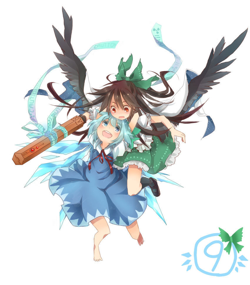 2girls arm_cannon arms_around_neck barefoot blush bow caution cirno cirno_day commentary_request friends full_body green_bow hairbow highres multiple_girls radiation_symbol reiuji_utsuho simple_background smile touhou toutenkou weapon white_background