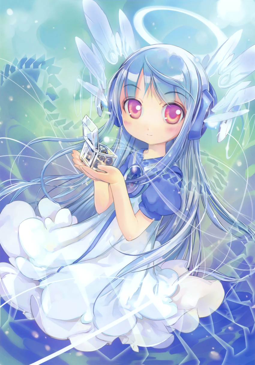 absurdres blue_hair blush dress female flower_(kowarekake) hair_ornament halo highres holding kowarekake_no_orgel long_hair looking_at_viewer photoshop_(medium) red_eyes scan solo zeco