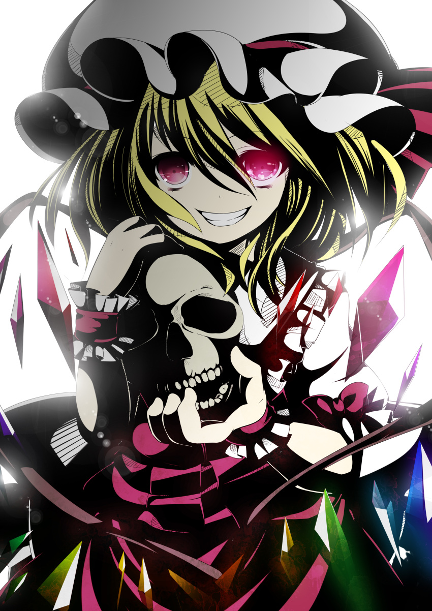 absurdres blonde_hair commentary_request crystal female flandre_scarlet grin hat highres photoshop_(medium) puffy_sleeves red_eyes shiori_(moechin) short_hair short_sleeves skull smile solo touhou wings wrist_cuffs