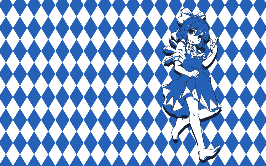 blue blue_eyes blue_hair cirno dress monochrome photoshop short_hair touhou