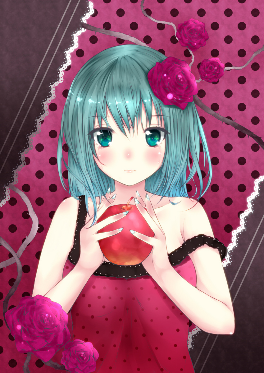 alternate_hairstyle amatsuki_hotaru apple aqua_hair blush commentary_request dress female flower food fruit green_eyes hair_flower hair_ornament hatsune_miku highres holding long_hair nail_polish off_shoulder plant polka_dot polka_dot_dress red_flower red_rose romeo_to_cinderella_(vocaloid) rose solo strap_slip tears upper_body vines vocaloid