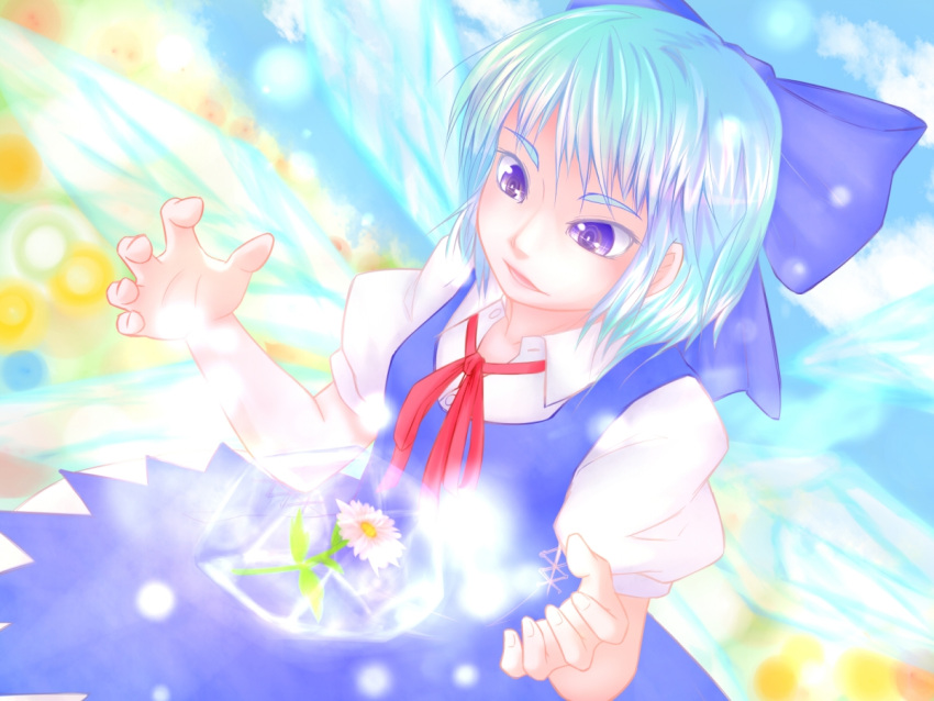 bad_id bad_pixiv_id blue_bow blue_dress blue_eyes blue_hair bow cirno daisy dress female flower frozen hairbow ice ice_wings ketama_(mokoneko) puffy_short_sleeves puffy_sleeves short_hair short_sleeves solo touhou wings