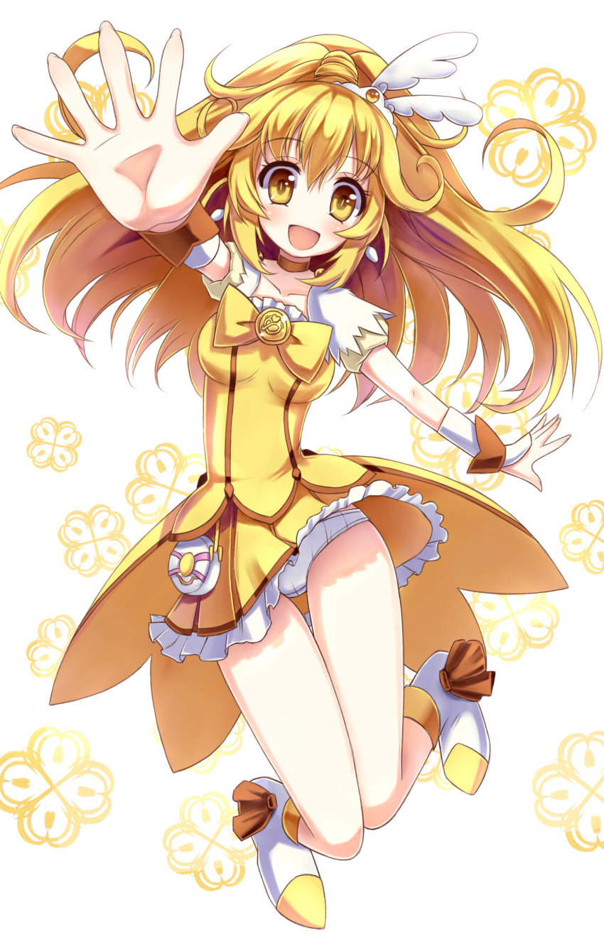 arm_up bare_legs blonde_hair bow bowtie brooch choker commentary_request cure_peace female full_body hair_flaps highres hoshi_no_gen jewelry long_hair magical_girl no_nose panties precure shoes skirt smile smile_precure solo underwear white_panties wrist_cuffs yayoi_kise yellow_bow yellow_eyes yellow_skirt yellow_theme