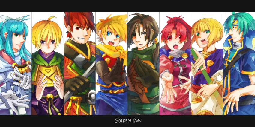 3girls 5boys blonde_hair blue_eyes blue_hair brown_hair character_request garcia_(golden_sun) green_eyes highres jasmine_(golden_sun) jenna_(golden_sun) multiple_boys multiple_girls pink_hair purple_eyes red_eyes red_hair robin_(golden_sun) sheba_(golden_sun) yellow_eyes