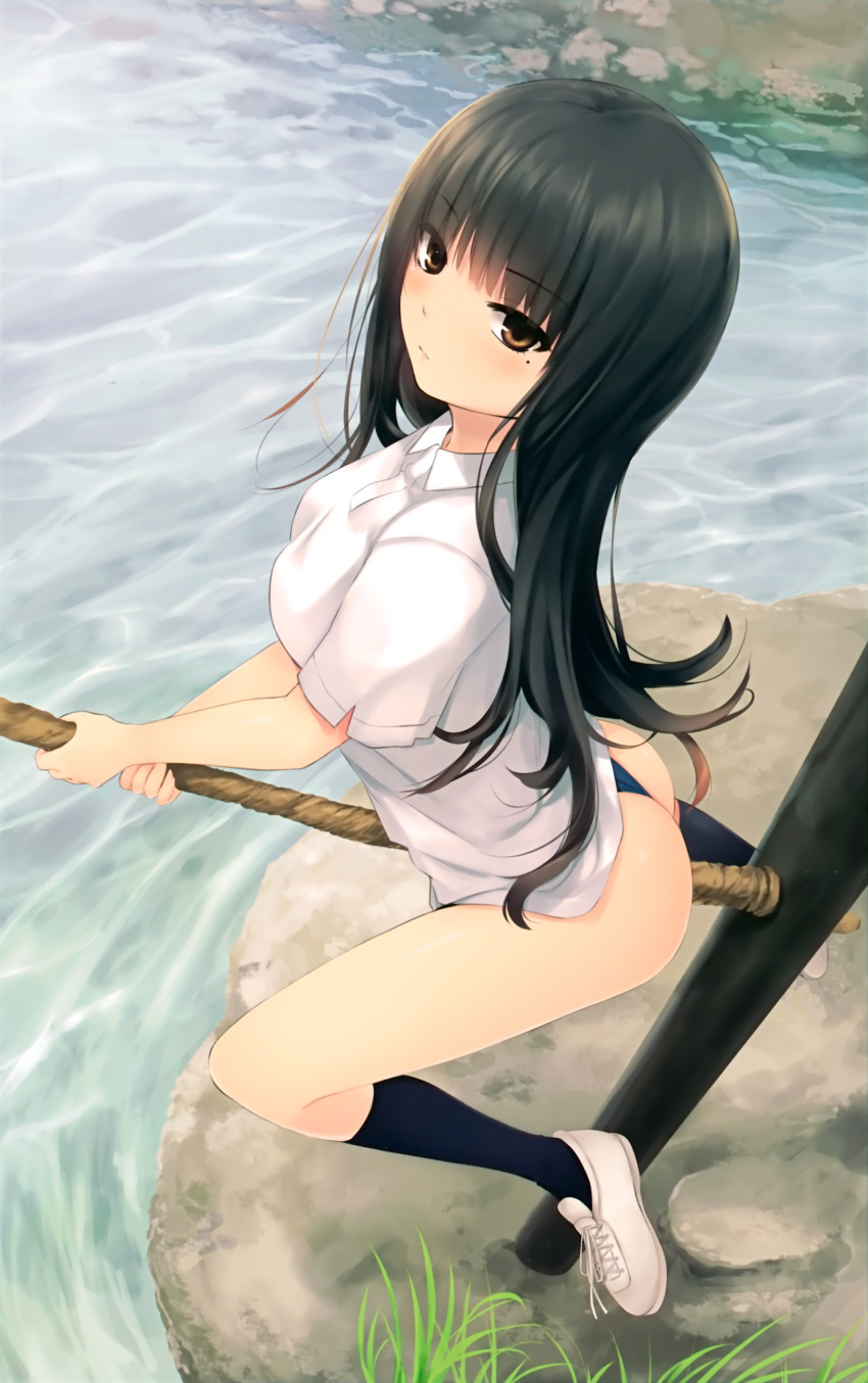 absurdres ass black_hair black_socks brown_eyes coffee-kizoku female free_friends highres kneehighs kurahashi_yui long_hair looking_at_viewer mole mole_under_eye outdoors panties scan shirt shoes sneakers socks solo straddling thong underwear water