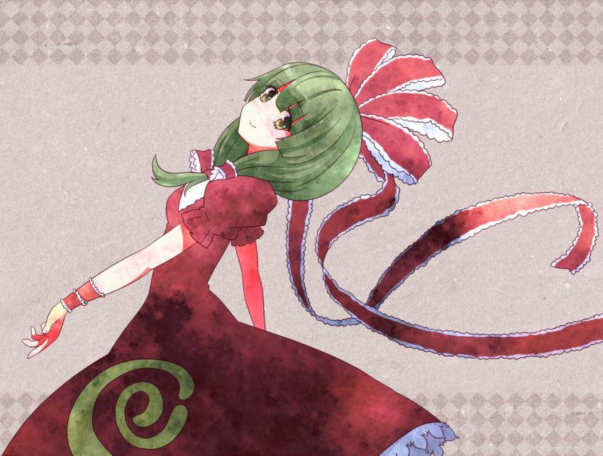 arm_ribbon blush bow commentary_request dress female frills front_ponytail green_eyes green_hair hair_ornament hair_ribbon hairbow kagiyama_hina long_hair looking_at_viewer red_dress ribbon shiihaku short_sleeves smile solo touhou