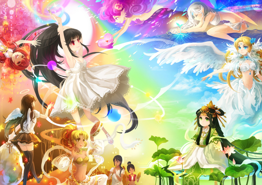 6+girls angel armpits ass bad_id bad_pixiv_id bandeau black_hair blonde_hair blue_eyes bra closed_eyes colorful dress earrings green_eyes hair_ornament halo headdress heart highres huazha01 instrument jewelry long_hair mermaid midriff monster_girl multiple_girls navel open_mouth orange_hair original pen photoshop_(medium) pink_eyes pink_hair rainbow red_eyes school_uniform serafuku short_hair silver_hair skirt smile tambourine thighhighs underwear upside-down wings yellow_eyes