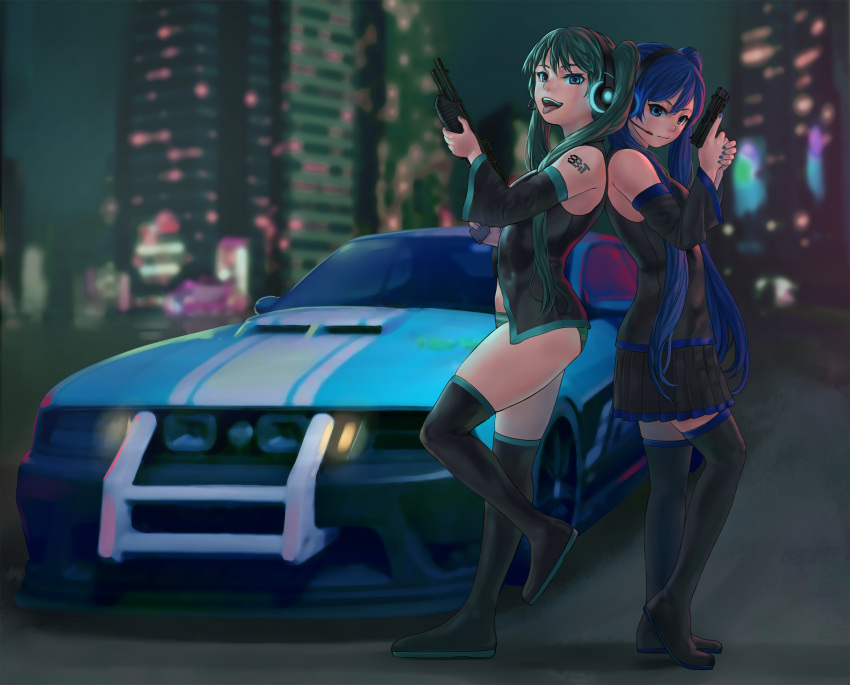 2girls all_points_bulletin blue_eyes blue_hair blue_nails boots car city commentary commission dual_persona ford_mustang ford_mustang_s197 gun handgun hatsune_miku headset highres lasterk long_hair motor_vehicle multiple_girls muscle_car nail_polish no_pants panties photoshop_(medium) shotgun thigh_boots thighhighs tongue tongue_out trigger_discipline underwear vehicle_focus vocaloid weapon