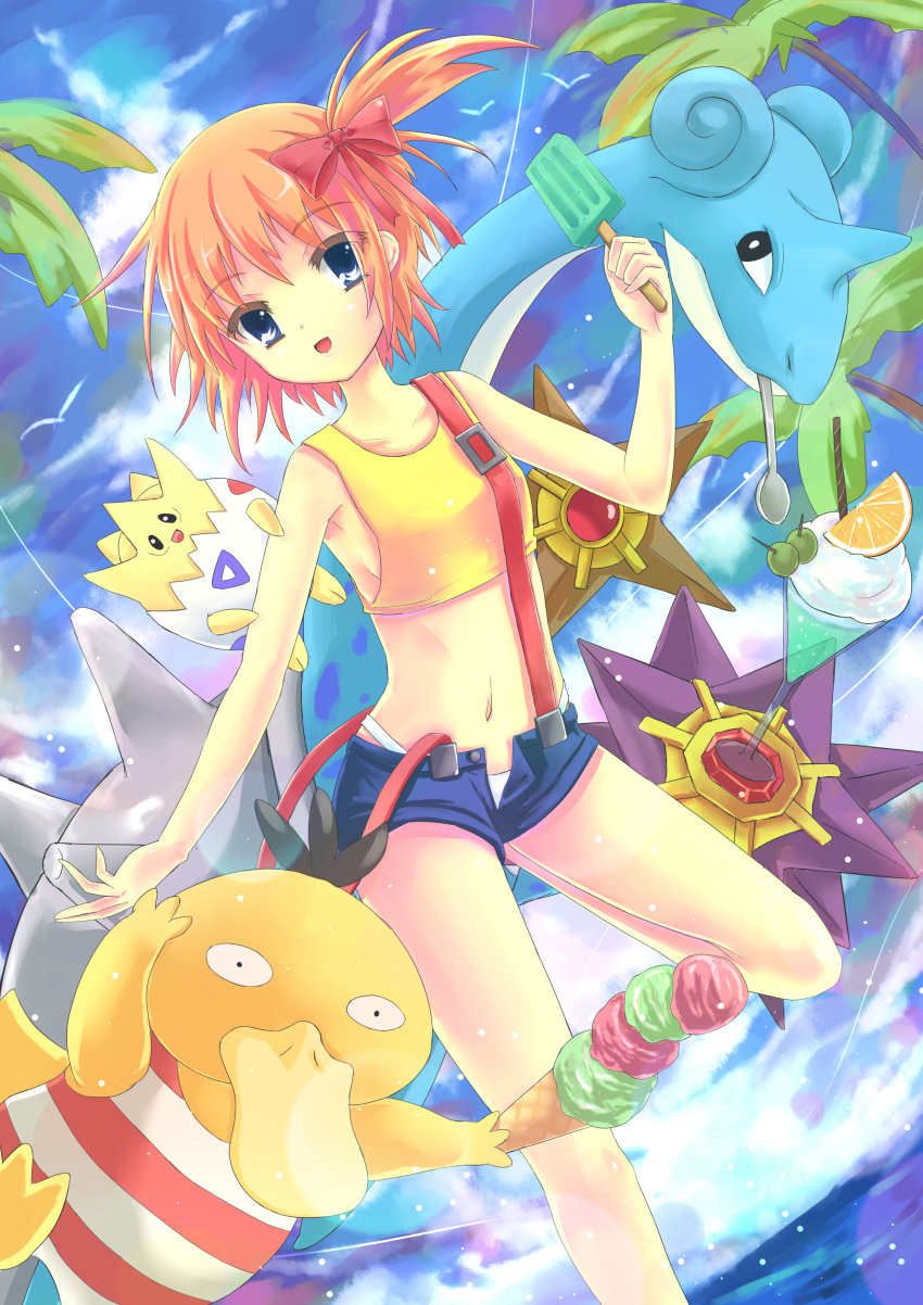 absurdres bird black_eyes blue_eyes blush bow commentary crop_top drink duck female food hairbow highres horns ice_cream kasumi_(pokemon) lapras midriff navel open_fly open_mouth orange_hair palm_tree panties photoshop_(medium) pokemon pokemon_(anime) pokemon_(classic_anime) pokemon_(creature) popsicle psyduck shell shiny_skin short_hair shorts side_ponytail single_horn starmie staryu suspenders tenhi_tsukitori togepi tree underwear unzipped water