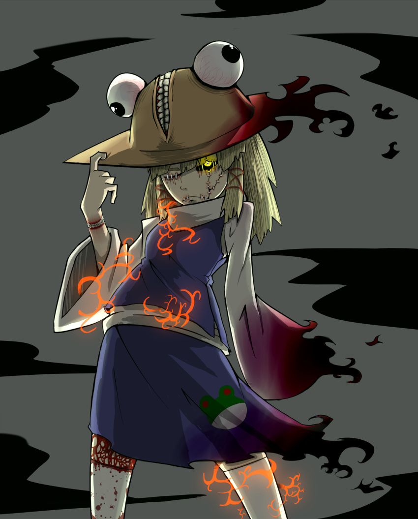 black_sclera blonde_hair blood colored_sclera commentary_request female frog highres moriya_suwako nicetack scar solo touhou yellow_eyes