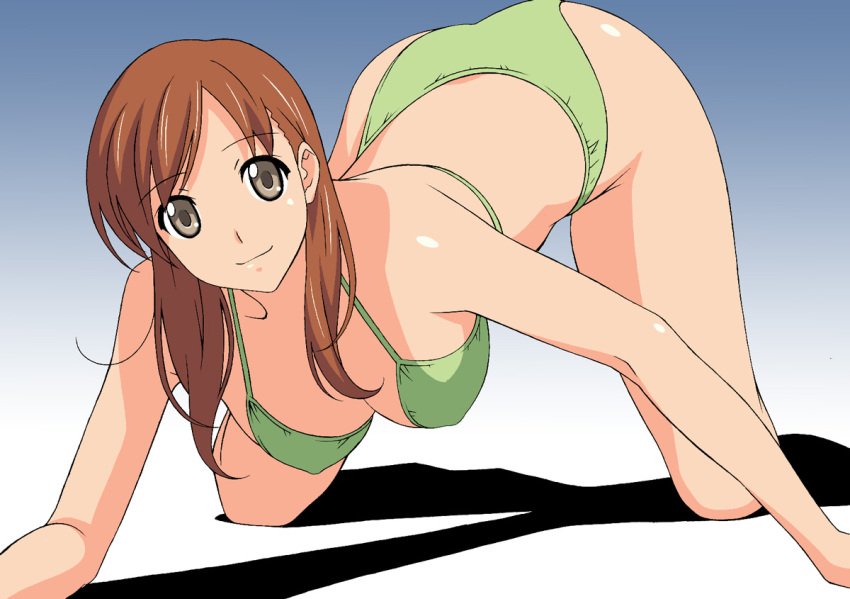 bikini breasts brown_eyes brown_hair cleavage large_breasts long_hair looking_at_viewer rudoni shadow smile solo swimsuit