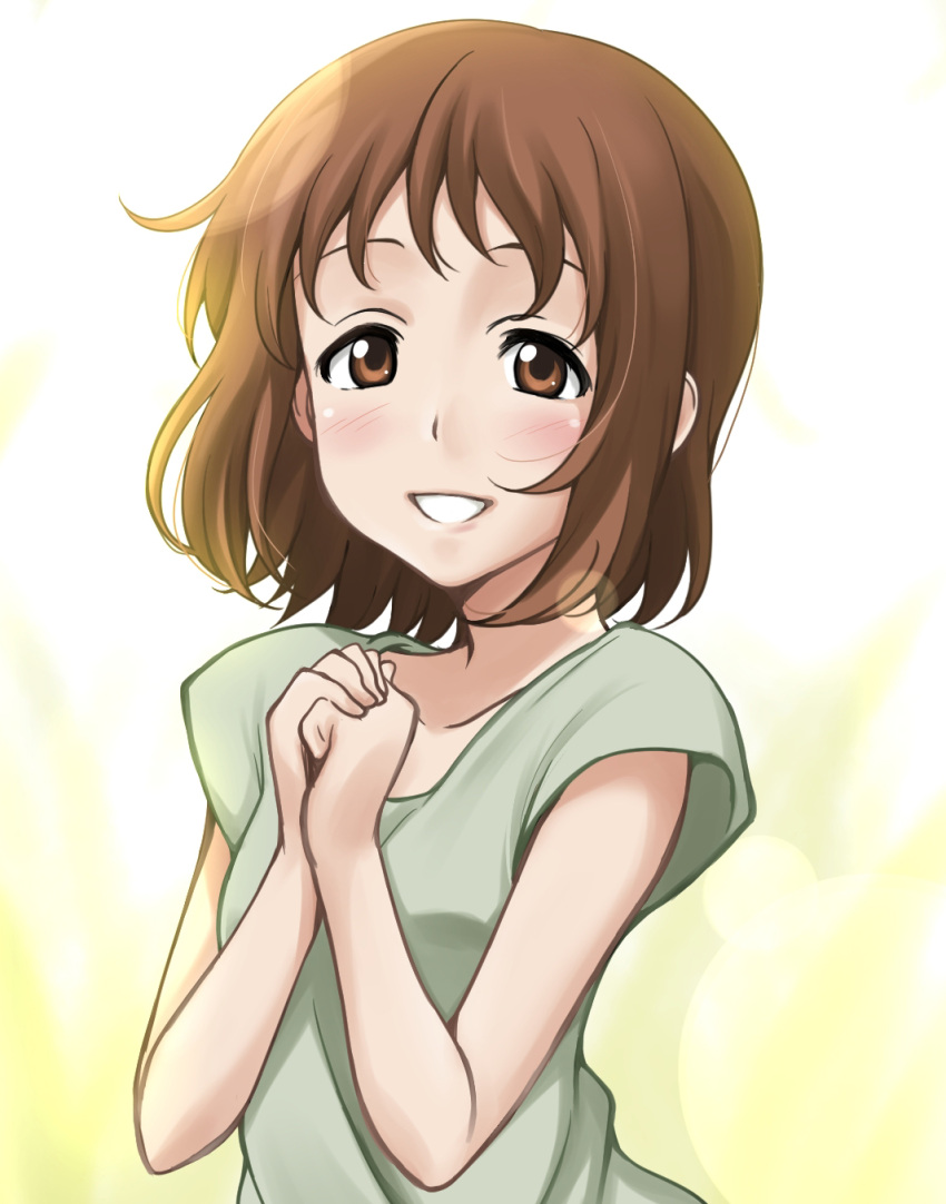 bad_id bad_pixiv_id blush brown_eyes brown_hair casual female highres ikari_manatsu looking_at_viewer own_hands_together photoshop_(medium) short_hair smile solo takanashi_nazuna upper_body working!!