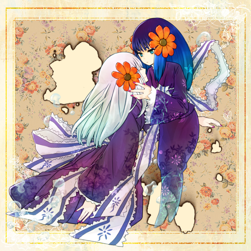 2girls bad_id bad_pixiv_id blue_eyes blue_hair bubble chiyo_(fragile) dual_persona floating flower foggy1100 fragile:_sayonara_tsuki_no_haikyo ghost ghost_tail hair_flower hair_ornament highres japanese_clothes kimono long_hair multiple_girls nail_polish purple_hair spirit white_hair