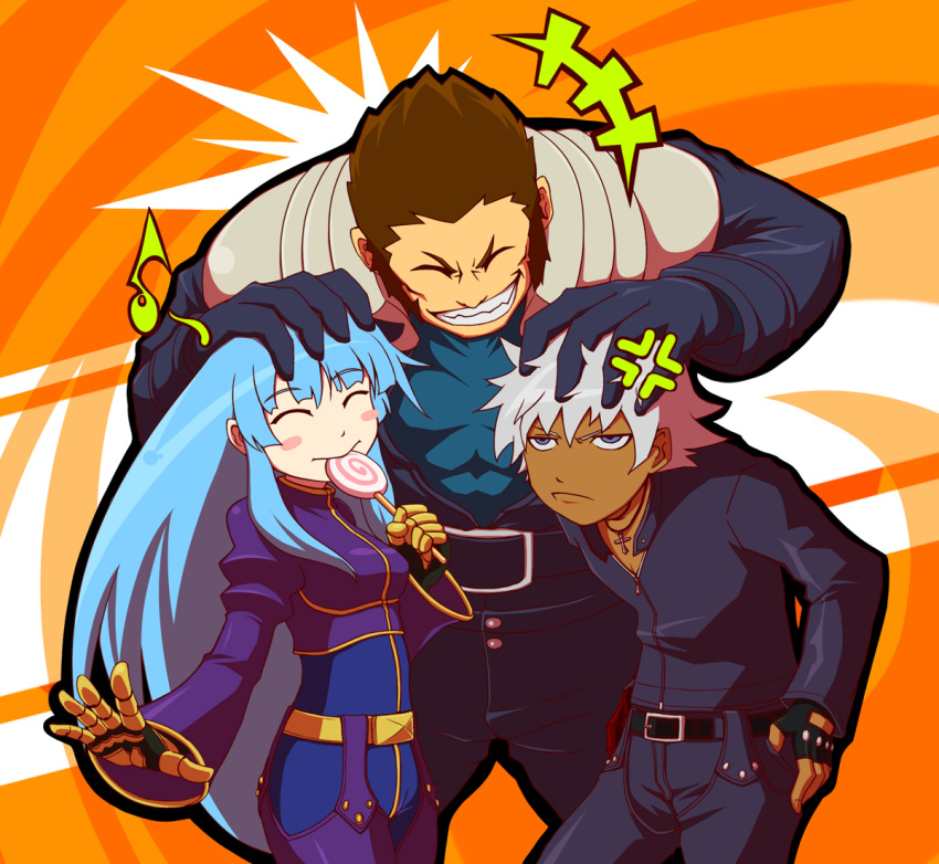 2boys angry belt blue_eyes blue_hair brown_hair candy commentary_request female food gloves grey_hair grin jewelry k'_(kof) kula_diamond lollipop long_hair maxima multiple_boys musical_note necklace photoshop_(medium) smile sukoburu_maeda the_king_of_fighters