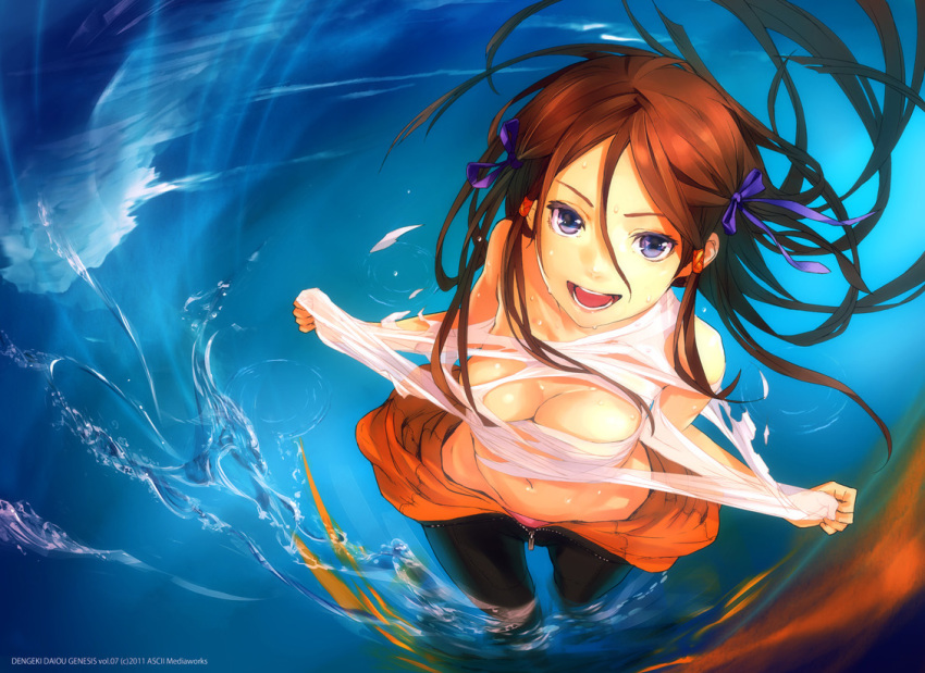 blue_eyes breasts brown_hair cleavage commentary_request female from_above hair_ribbon jumpsuit long_hair medium_breasts navel open_mouth original panties pink_panties redjuice revision ribbon smile solo tearing_clothes torn_clothes two_side_up underwear undressing unzipped wading water watermark zipper