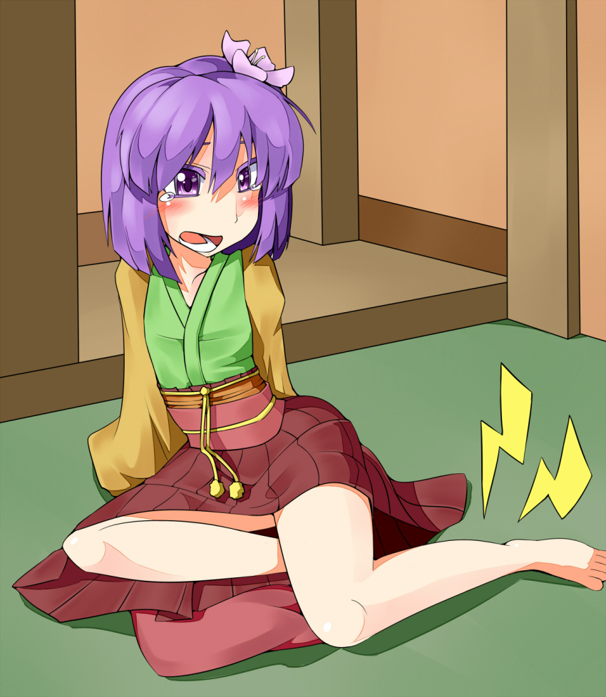 bad_id bad_pixiv_id barefoot blush collarbone cramp female flower hair_ornament hieda_no_akyuu highres japanese_clothes lightning_bolt_symbol long_sleeves mashio open_mouth purple_eyes purple_hair short_hair sitting solo tears touhou yokozuwari