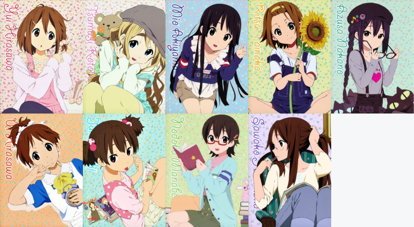 6+girls :d :o :p akanbe akiyama_mio alarm_clock alternate_hairstyle beret black_eyes black_hair blonde_hair blue_eyes blush book braid brown_hair casual character_name clock collage denim eyelid_pull flower glasses hair_bobbles hair_ornament hair_tie hair_tie_in_mouth hairband hands_on_own_cheeks hands_on_own_face hat highres hime_cut hirasawa_ui hirasawa_yui holding holding_removed_eyewear horiguchi_yukiko index_finger_raised jeans k-on! kotobuki_tsumugi long_hair manabe_nodoka mouth_hold multicolored_hair_bobbles multiple_girls nakano_azusa official_art open_book open_mouth overalls pants polka_dot ponytail red-framed_eyewear round_teeth short_hair short_twintails shorts simple_background skirt smile stuffed_animal stuffed_toy sunflower suzuki_jun tainaka_ritsu teddy_bear teeth thick_eyebrows thighhighs third-party_edit tongue tongue_out twin_braids twintails tying_hair unworn_eyewear very_long_hair yamanaka_sawako