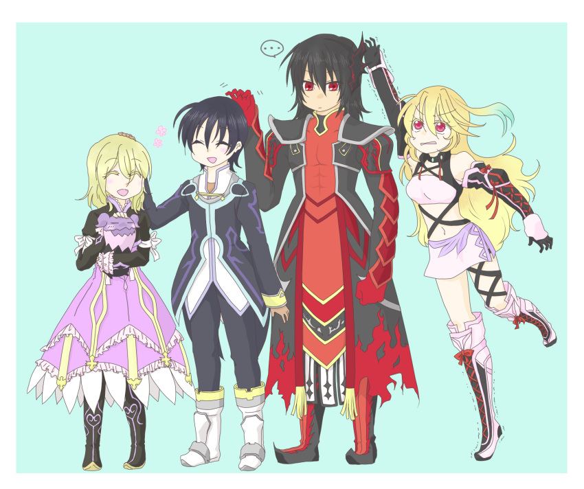 2boys 2girls ahoge armor bare_shoulders black_hair blonde_hair blue_background boots breasts choker closed_eyes coat dress elbow_gloves elise_lutus elize_lutus flower frills gaias gaius_(tales) gloves hair_ornament highres jude_mathis midriff milla_maxwell multicolored_hair multiple_boys multiple_girls navel open_mouth pants red_eyes ribbon short_hair skirt tales_of_(series) tales_of_xillia teepo_(tales) tipo_(xillia)