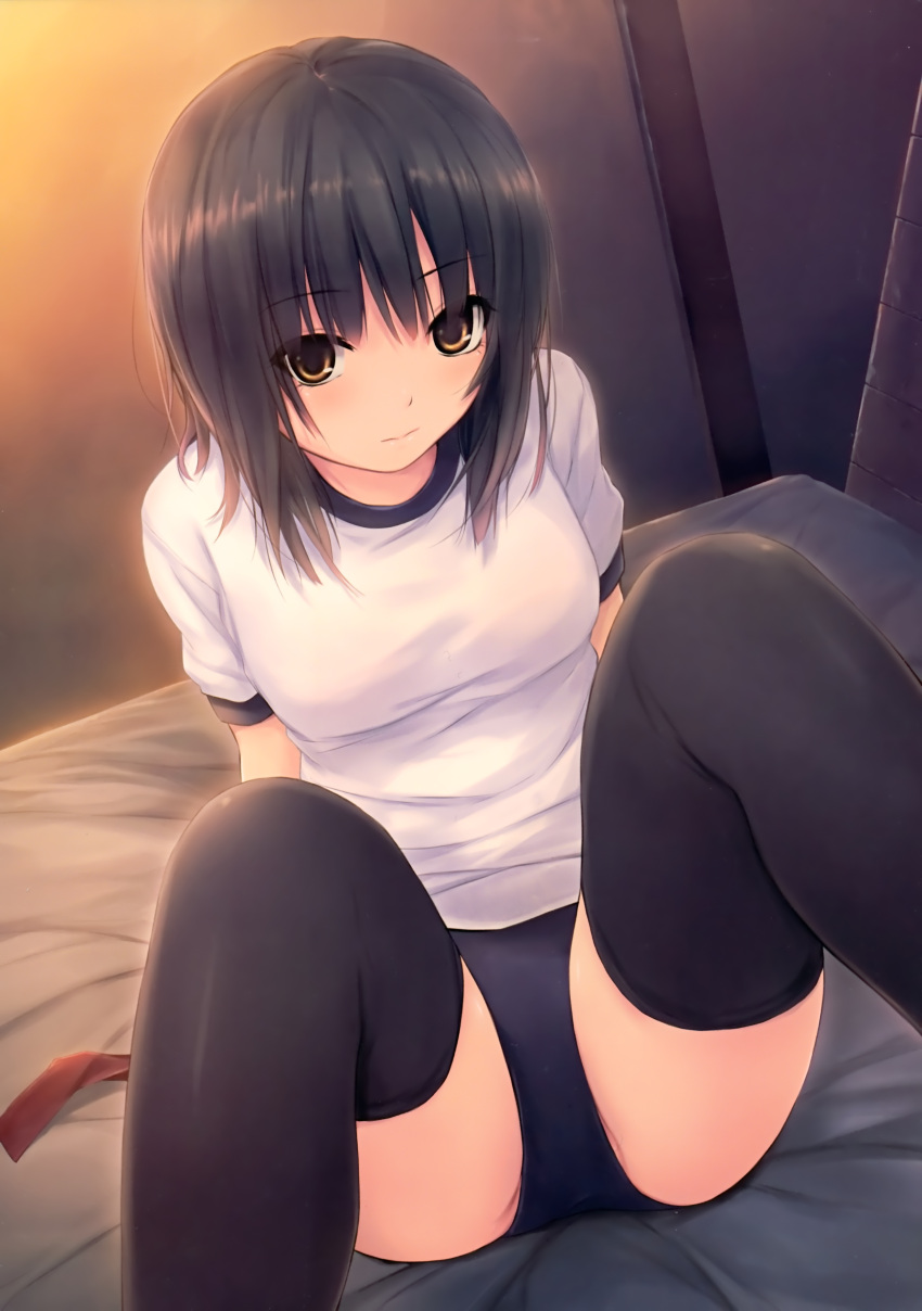 absurdres aoyama_sumika black_hair black_thighhighs blush brown_eyes buruma coffee-kizoku feet_out_of_frame female gym_uniform highres indoors looking_at_viewer medium_hair original scan short_sleeves sitting solo thighhighs