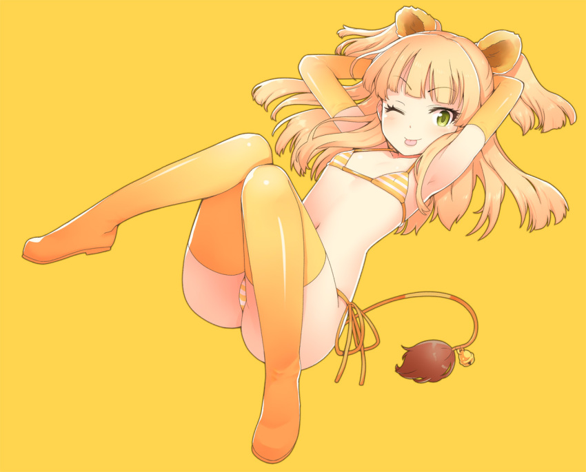 ;p animal_ears armpits arms_behind_head arms_up bell bikini blonde_hair blush boots commentary_request elbow_gloves eyelashes female flat_chest gloves green_eyes idolmaster idolmaster_cinderella_girls jougasaki_rika kamoto_tatsuya lion_ears lion_girl lion_tail long_hair looking_at_viewer navel one_eye_closed side-tie_bikini_bottom simple_background solo striped_bikini striped_clothes swimsuit tail tail_bell tail_ornament thigh_boots thighhighs tongue tongue_out two_side_up yellow_background yellow_thighhighs