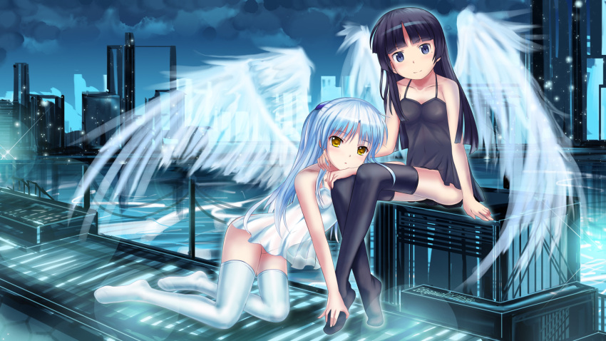 2girls angel_beats! angel_wings bare_shoulders black_hair black_legwear blue_eyes blush commentary_request crossed_legs dress edogawakid full_body gokou_ruri hanazawa_kana highres kneeling lingerie long_hair long_legs looking_at_viewer mole mole_under_eye multiple_girls night no_panties no_shoes ore_no_imouto_ga_konna_ni_kawaii_wake_ga_nai photoshop_(medium) sitting smile tachibana_kanade thighhighs underwear voice_actor_connection white_hair white_legwear wings yellow_eyes