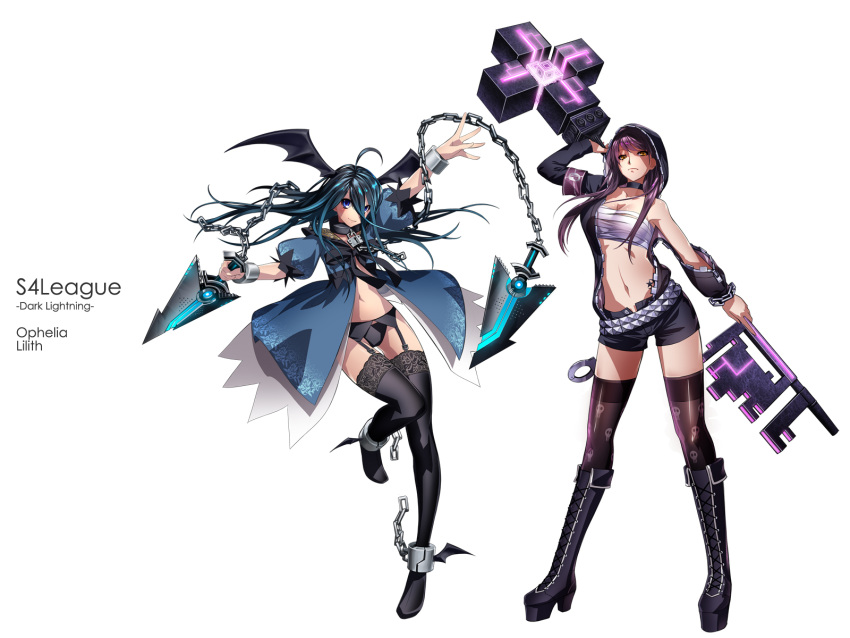 2girls bandage blue_eyes blue_hair boots chains collar garter_belt handcuffs long_hair purple_hair s4_league tasuku_nisiizumi thighhighs weapon white wings yellow_eyes