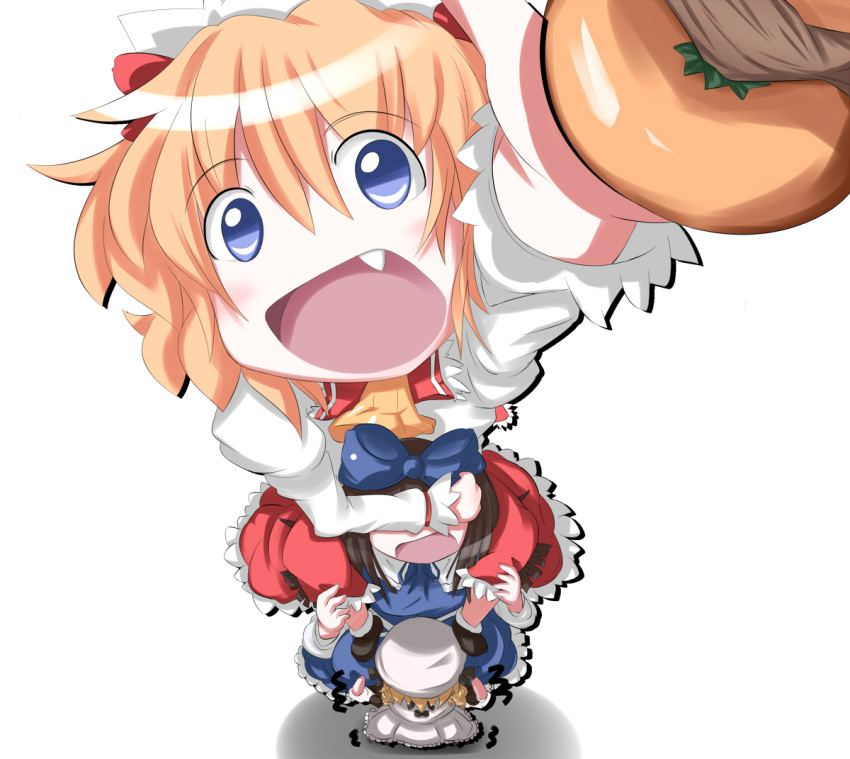 3girls black_hair blonde_hair blue_eyes blush bow brown_hair commentary_request dress drill_hair food fruit hairbow hat kikurage_(sugi222) long_hair luna_child maid_headdress multiple_girls oerba_yun_fang open_mouth orange_(fruit) red_eyes ribbon short_hair smile star_sapphire sunny_milk touhou twintails