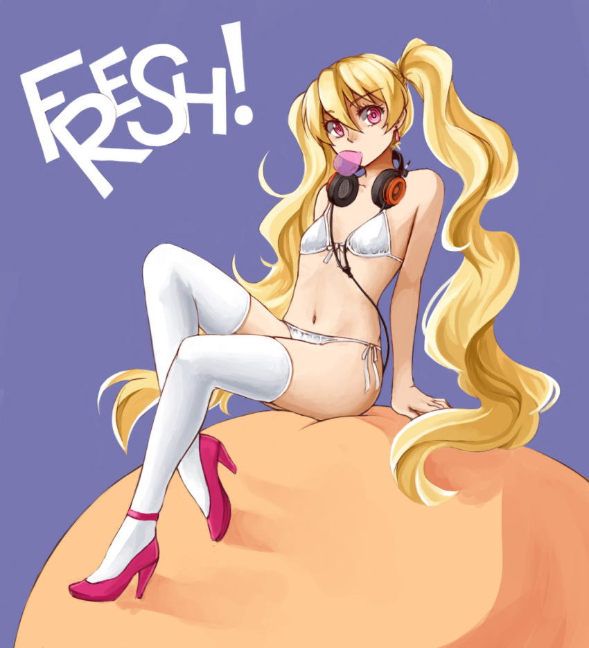 bikini blonde_hair blowing_bubbles blue_background chewing_gum commentary_request cure_peach earrings female flat_chest fresh_precure! grado_labs headphones high_heels jewelry long_hair looking_at_viewer momozono_love navel pas_(paxiti) photoshop_(medium) pink_eyes precure shoes side-tie_bikini_bottom sitting solo swimsuit thighhighs very_long_hair white_bikini white_thighhighs