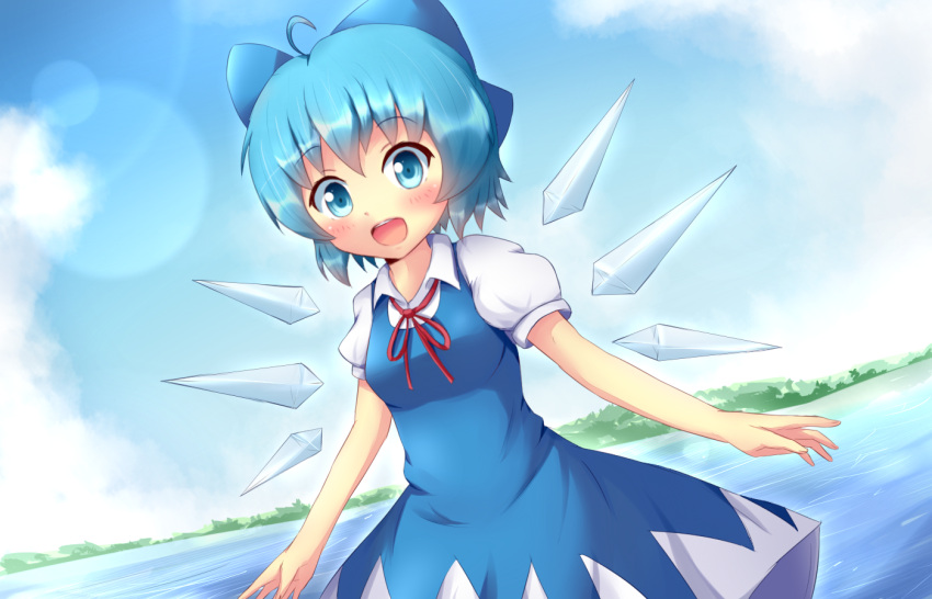 :d ahoge blue_dress blue_eyes blue_hair blush cirno commentary_request dress female ice ice_wings kane-neko open_mouth short_hair smile solo touhou water wings