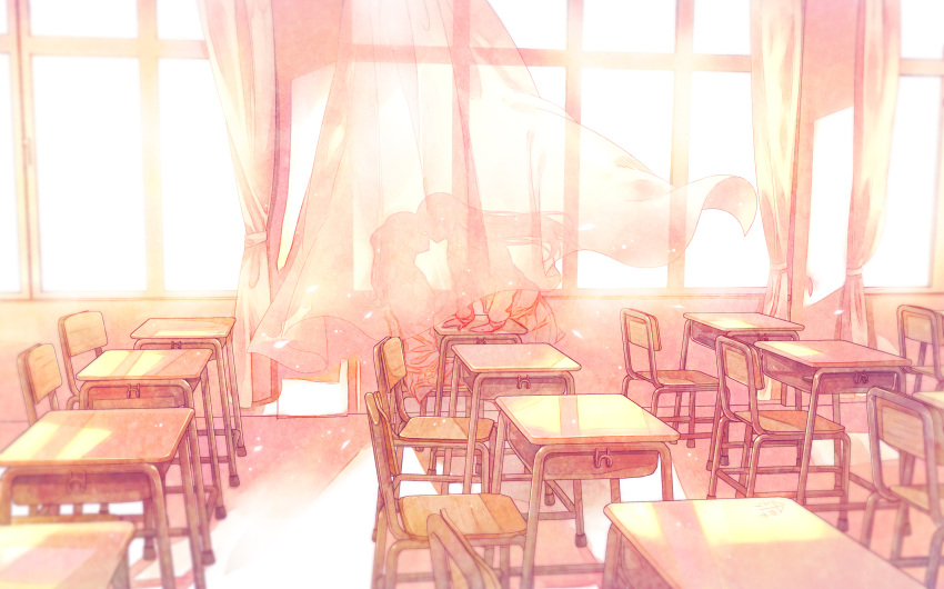 2girls chair classroom commentary_request couple curtains desk furai highres indoors kissing long_hair long_sleeves multiple_girls original revision school_chair school_desk see-through_silhouette silhouette sitting sunlight wind window yuri